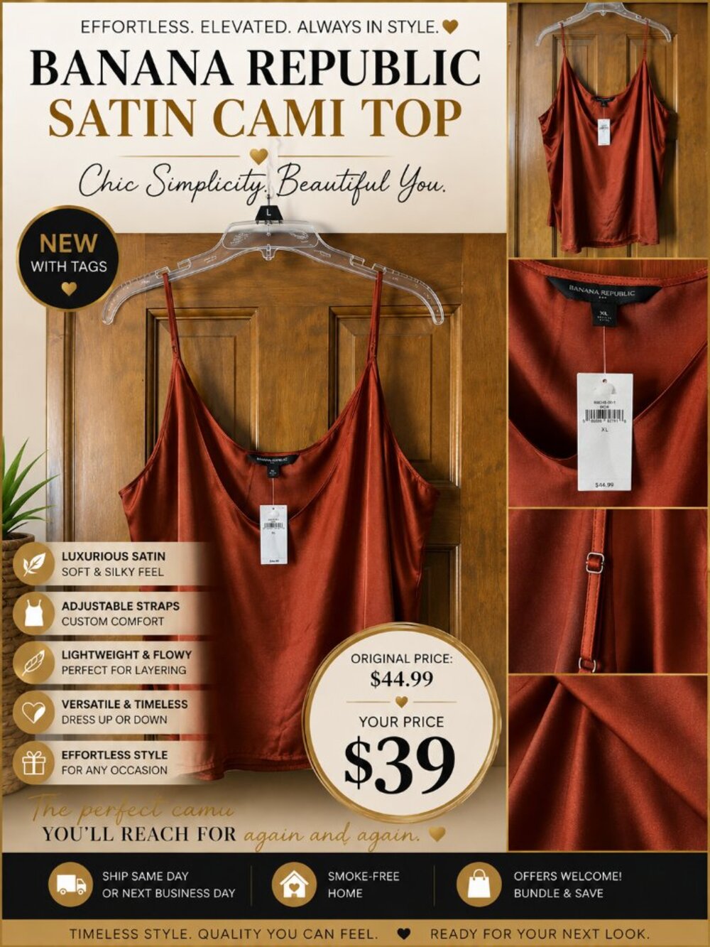 Banana Republic Rust Satin Cami Tank Top NWT XL | Adjustable Straps